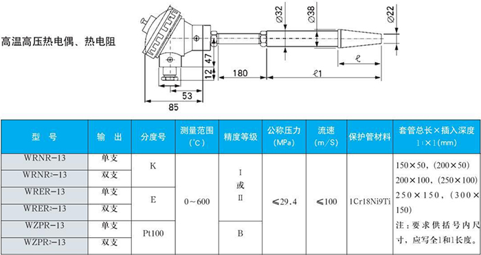 電站測溫專用熱電偶高溫高壓規格表