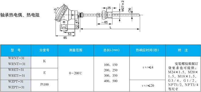 電（diàn）站測溫專用熱電（diàn）偶（ǒu）軸承規格表