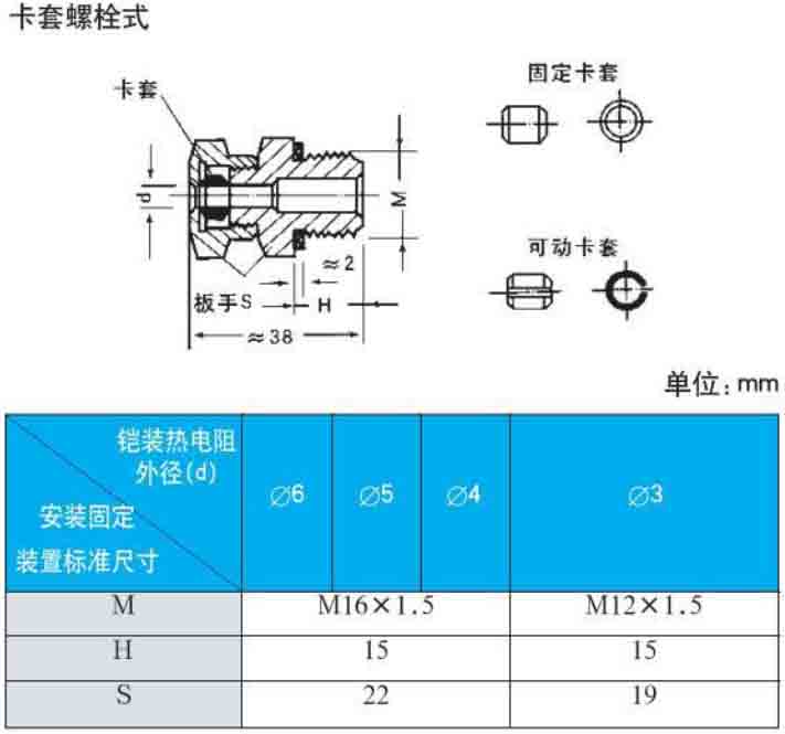 壓簧（huáng）式熱電阻卡套螺栓式安裝尺寸圖