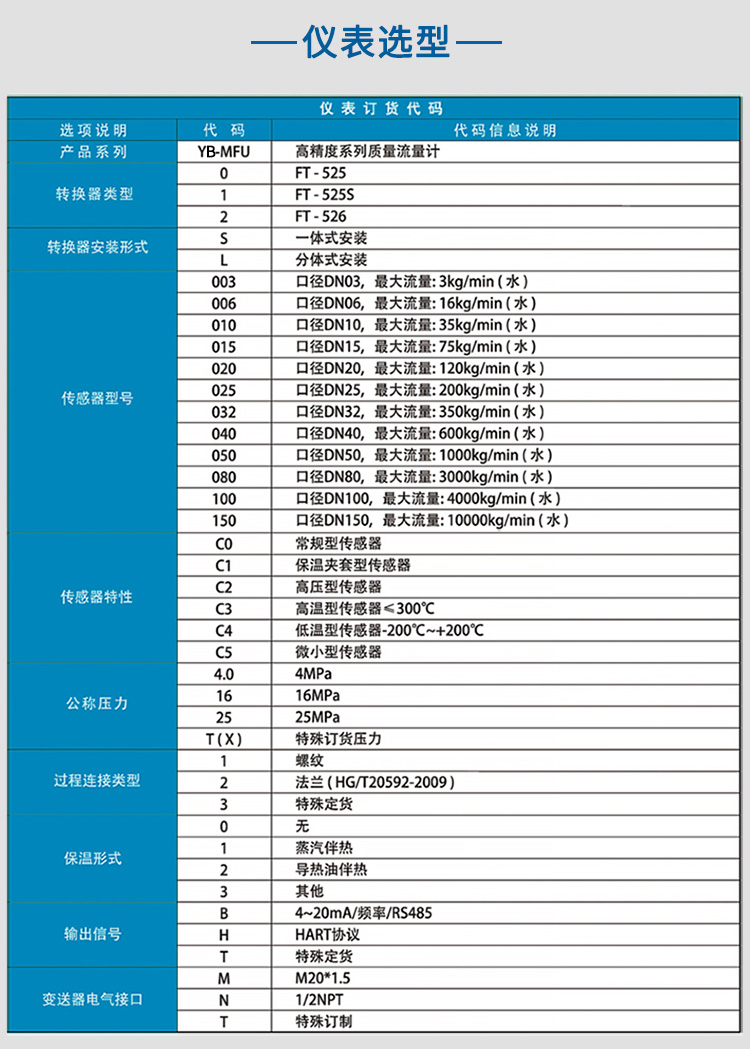 衛生（shēng）型質量流量計選項表