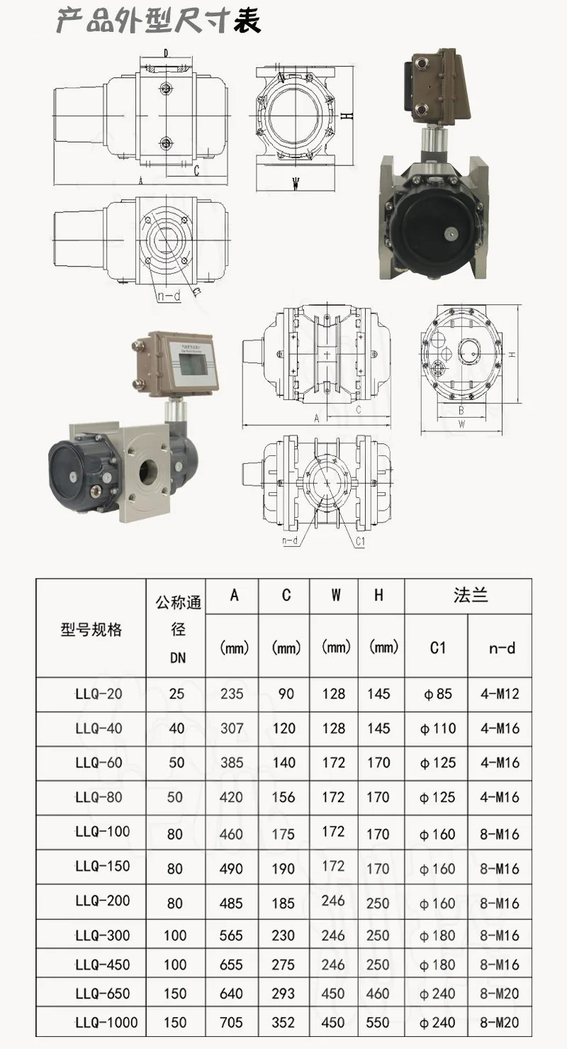 空氣羅茨（cí）流量計外形尺寸（cùn）表